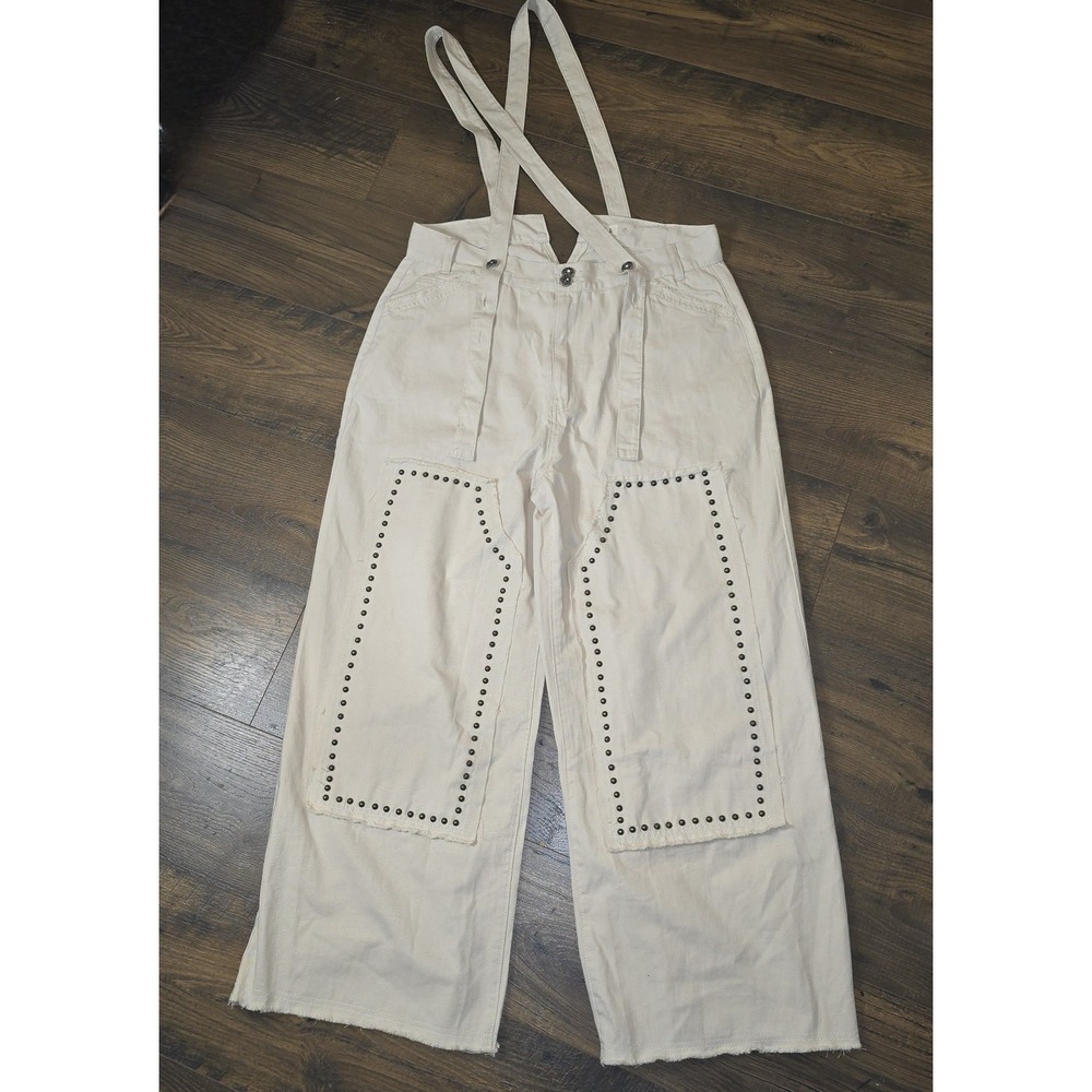 Pol Hazel Wide Leg Suspender Pants‎ L Cream Studded Pockets Raw Hem Maximalist